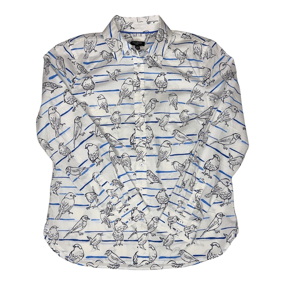 Talbots Petite SP Bird Stripe Cotton Button Down Shirt Blue White NWT